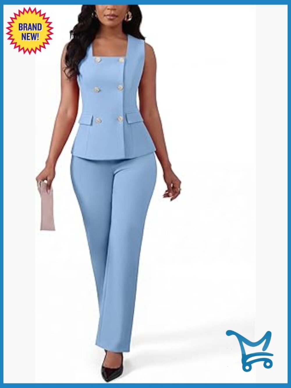 2 Piece Blazer Vest & Pants Suit Set Square Neck Sleeveless High Waist Business